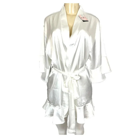 Eag XL White Satin Ruffle Trim Belted Short Sleeve Short Wedding/Dressing Robe - Picture 2 of 6